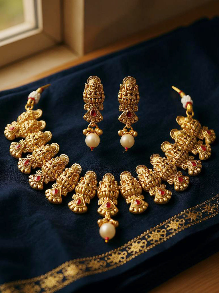 Gold Plated Temple Jewellery Goddess Lakshmi Design Necklace with Earrings