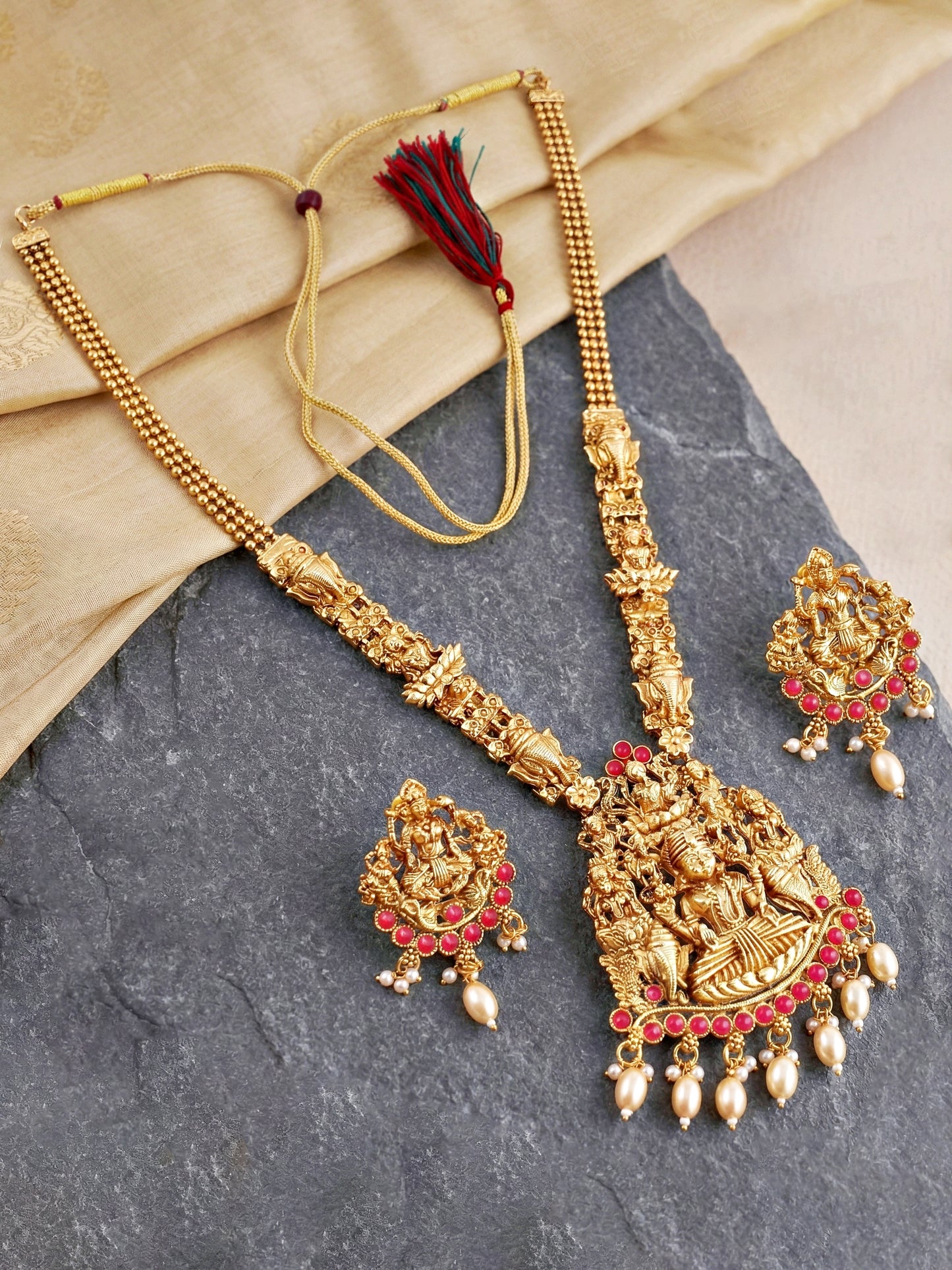 Lucky Jewellery Gold-Plated Laxmi Idol Temple Ruby Color Necklace Set (660-G2SR-196-R)