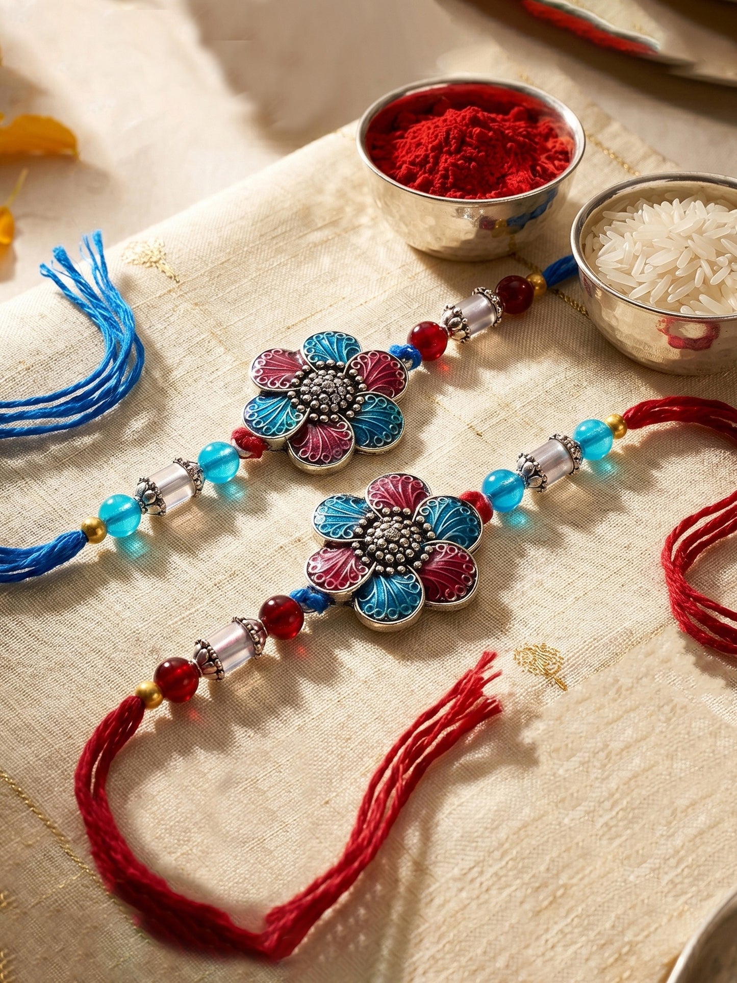 Set of 2 Designer Floral Rakhi for Brother with Metallic, Blue & Maroon Enamel, Roli & Chawal (106-CHR1-1967-RF-S-2-2026)