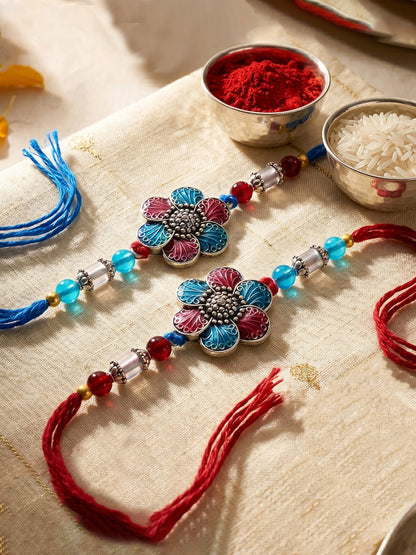 Set of 2 Designer Floral Rakhi for Brother with Metallic, Blue & Maroon Enamel, Roli & Chawal (106-CHR1-1967-RF-S-2-2026)