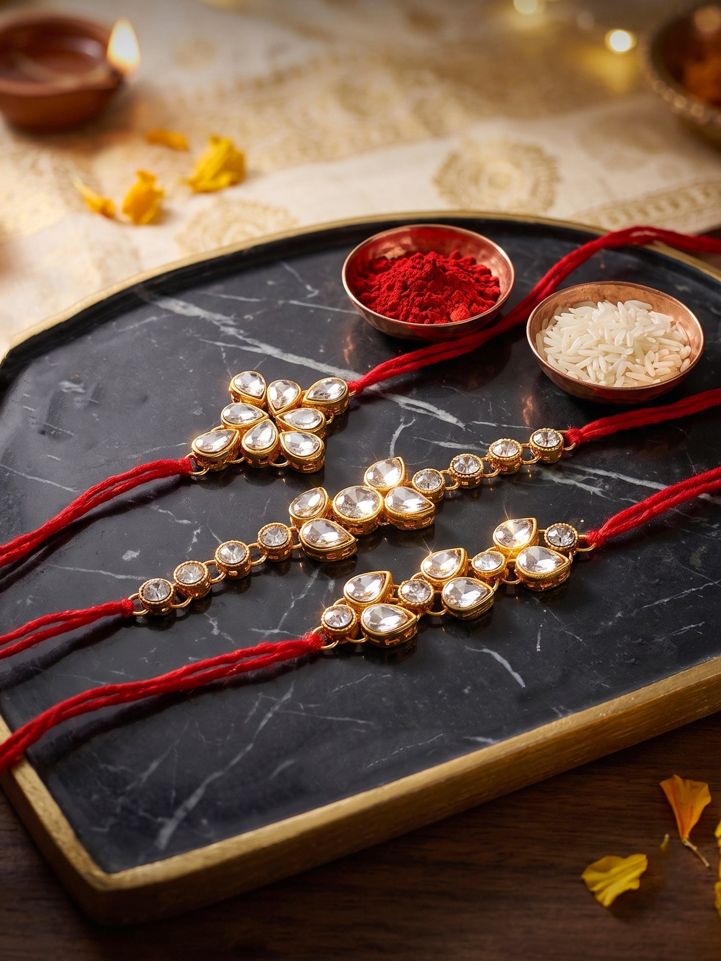 LUCKY JEWELLERY Traditional Rakhi for Brother/Bhaiya – Gold Plated Red Thread Rakshabandhan Rakhie White Stones for Bhai/Bhabhi (Pack of 3) – Fancy Rakhee Bracelet Rakshasutra (159-L1R1-09-W-3-2026)