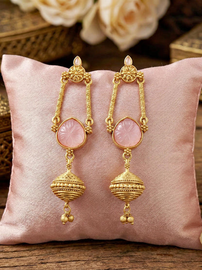 Oxidised Gold Pink Stone Long Dangler Earrings For Girls & Women (370-KEG-13541-PK)