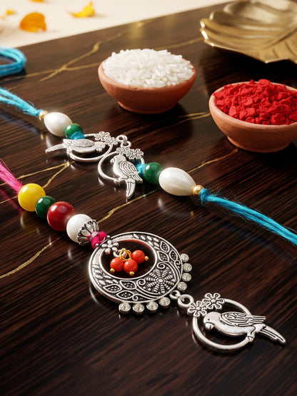 Set of 2 Bhaiya Bhabhi Rakhi Set with Small Bird Pendant, Maroon & Drop Beads, Roli Chawal & Card (108-JPCR1-1952-S-2-2026)