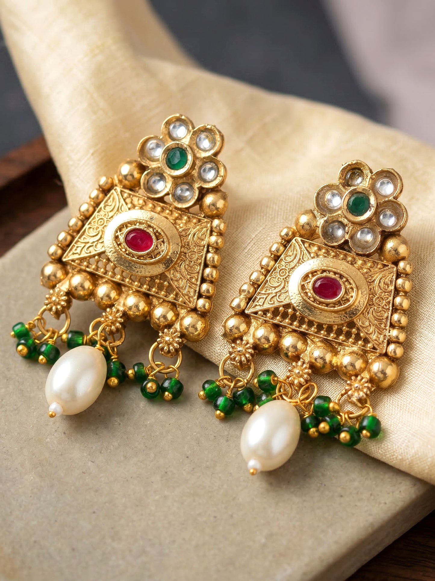 Lucky Jewellery Gold-Plated Ruby & Green Color Long Necklace Set (816-G2SR-207-RG)