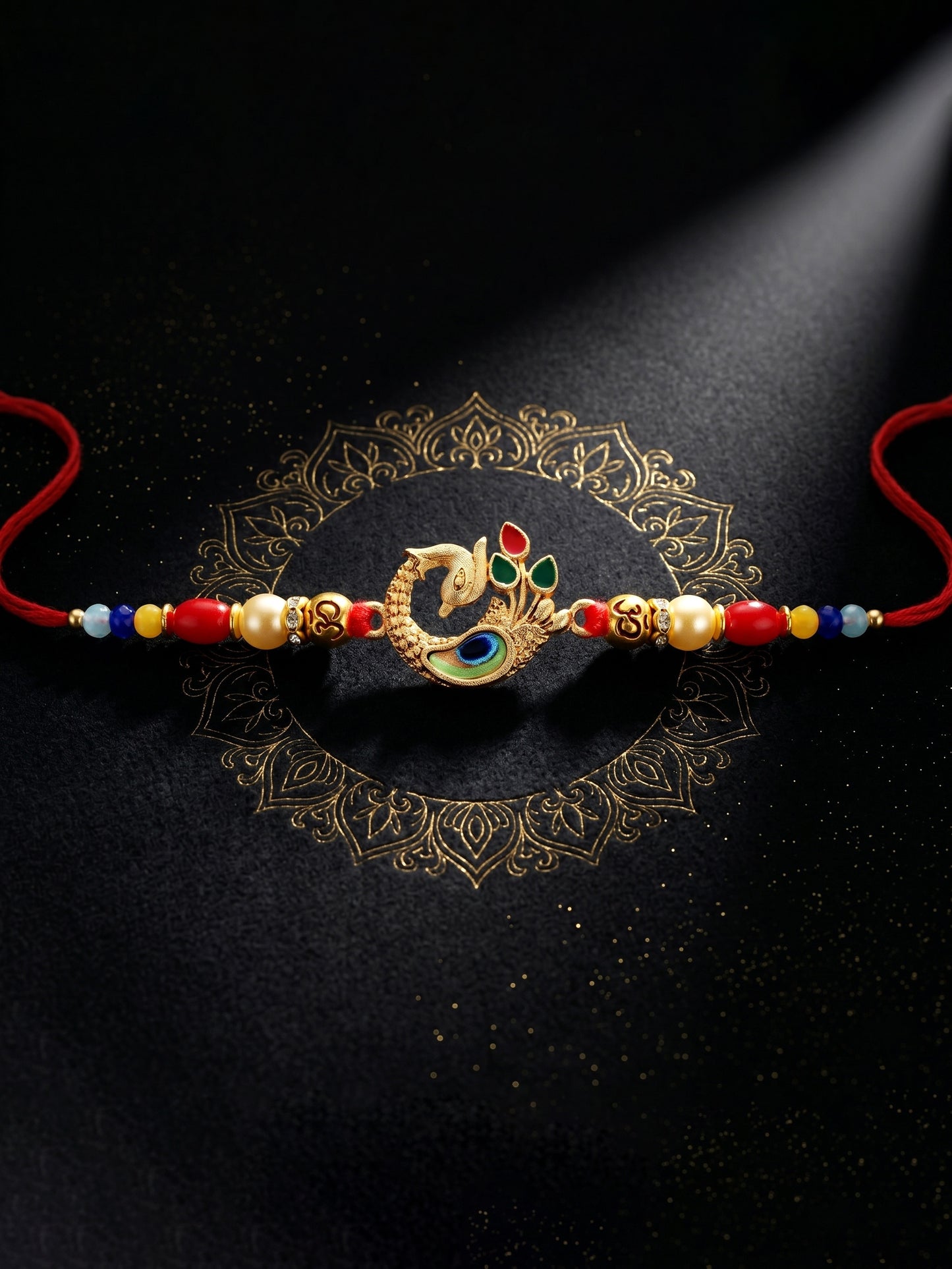 Elegant Peacock Rakhi for Brother with Roli Chawal and Card | Traditional Enamel Beaded Rakhi (72-S5R1-AR2972)
