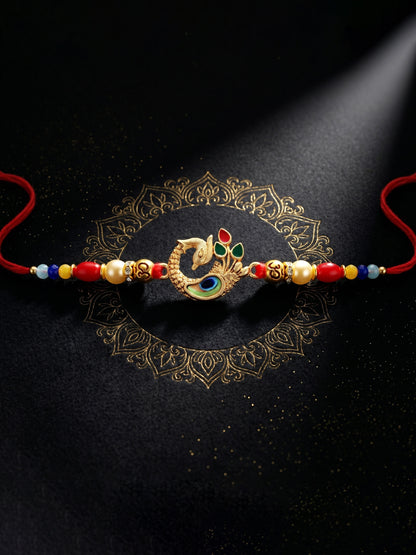 Elegant Peacock Rakhi for Brother with Roli Chawal and Card | Traditional Enamel Beaded Rakhi (72-S5R1-AR2972)