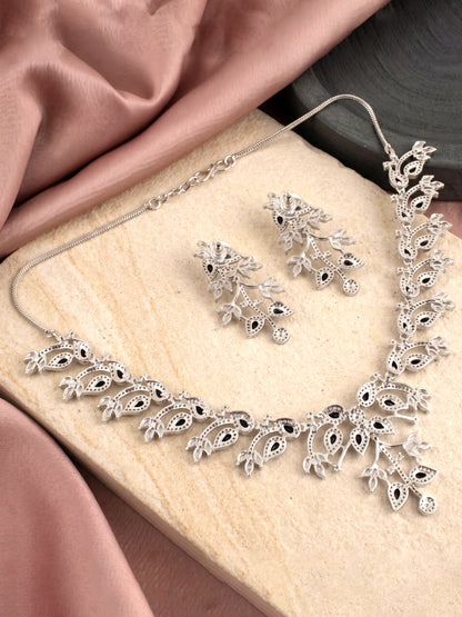 Silver-Tone Black Stone & American Diamond Necklace Set with Earrings for Women – Office, Party & Function Wear (1948-K4SA-2241-BL-S)