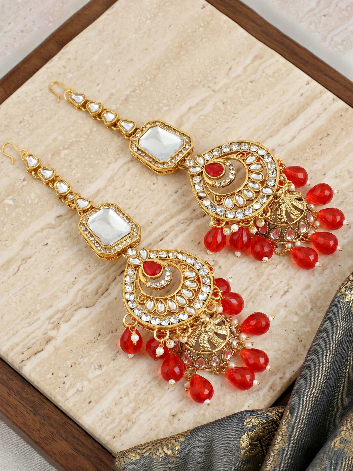 Bridal AD Red Stone Heavy Choker Jewellery Set with Sheesh Patti, Nath & Jhumka (3300-M8ZK-1106-RED)