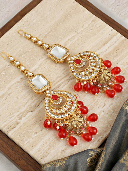 Bridal AD Red Stone Heavy Choker Jewellery Set with Sheesh Patti, Nath & Jhumka (3300-M8ZK-1106-RED)
