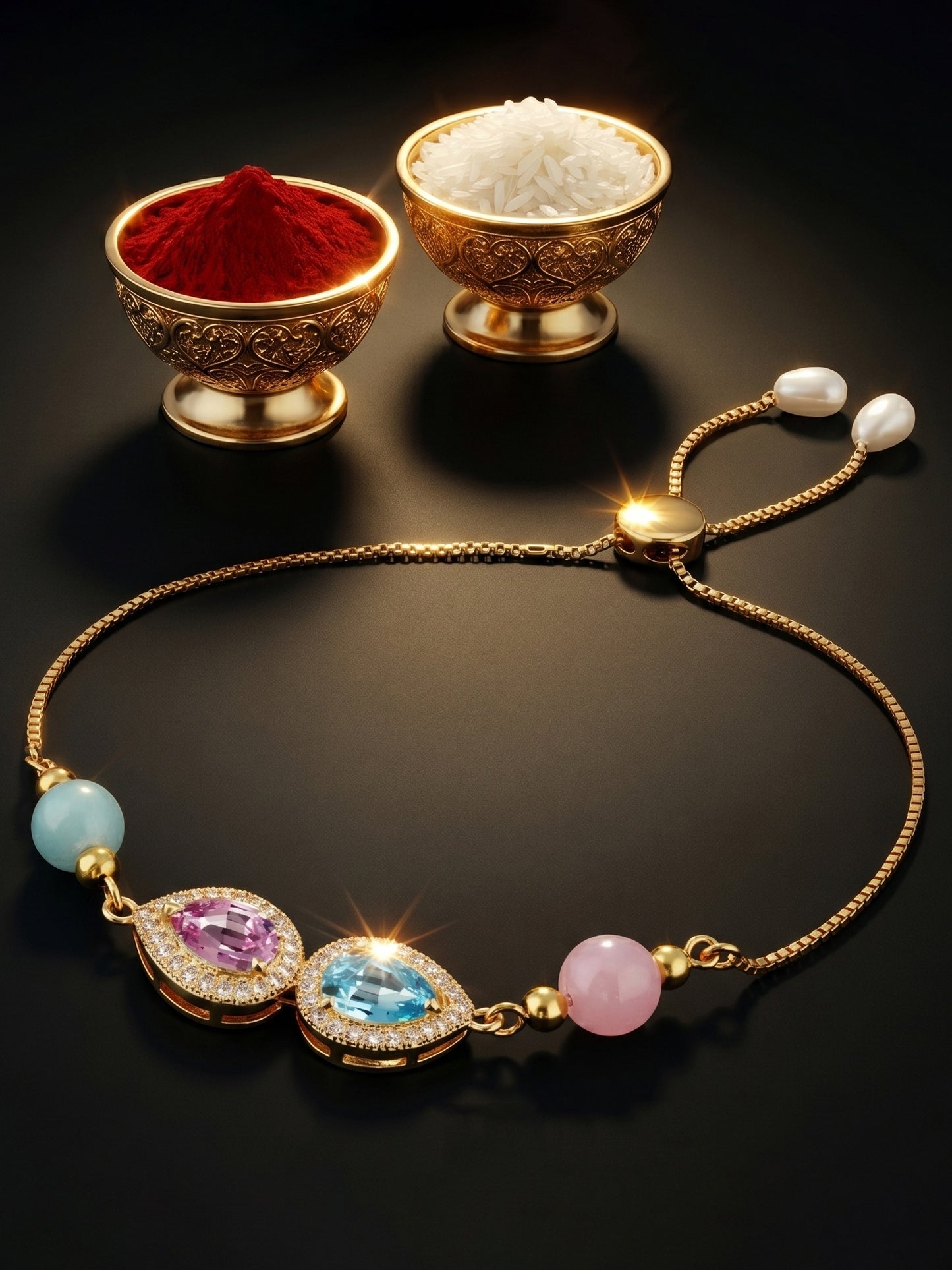 Adjustable Rakhi Bracelet with Blue & Pink drop AD Pendant,Pastel Beads,Roli Chawal & Card (209-CHB2-1279-PKF-2026)
