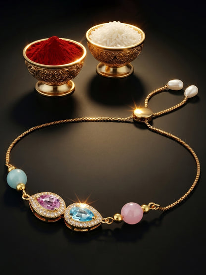 Adjustable Rakhi Bracelet with Blue & Pink drop AD Pendant,Pastel Beads,Roli Chawal & Card (209-CHB2-1279-PKF-2026)