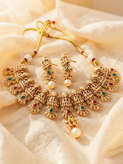 Gold Plated Temple Jewellery Goddess Lakshmi Design Necklace with Earrings