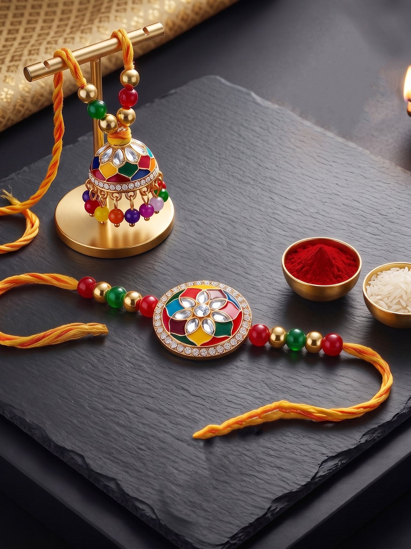 Set of 2 Multicolor Meenakari Bhaiya Bhabhi Rakhi Set With Lumba, Roli, Chawal & Card (325-CHCR1-1152-MT-2-2026)