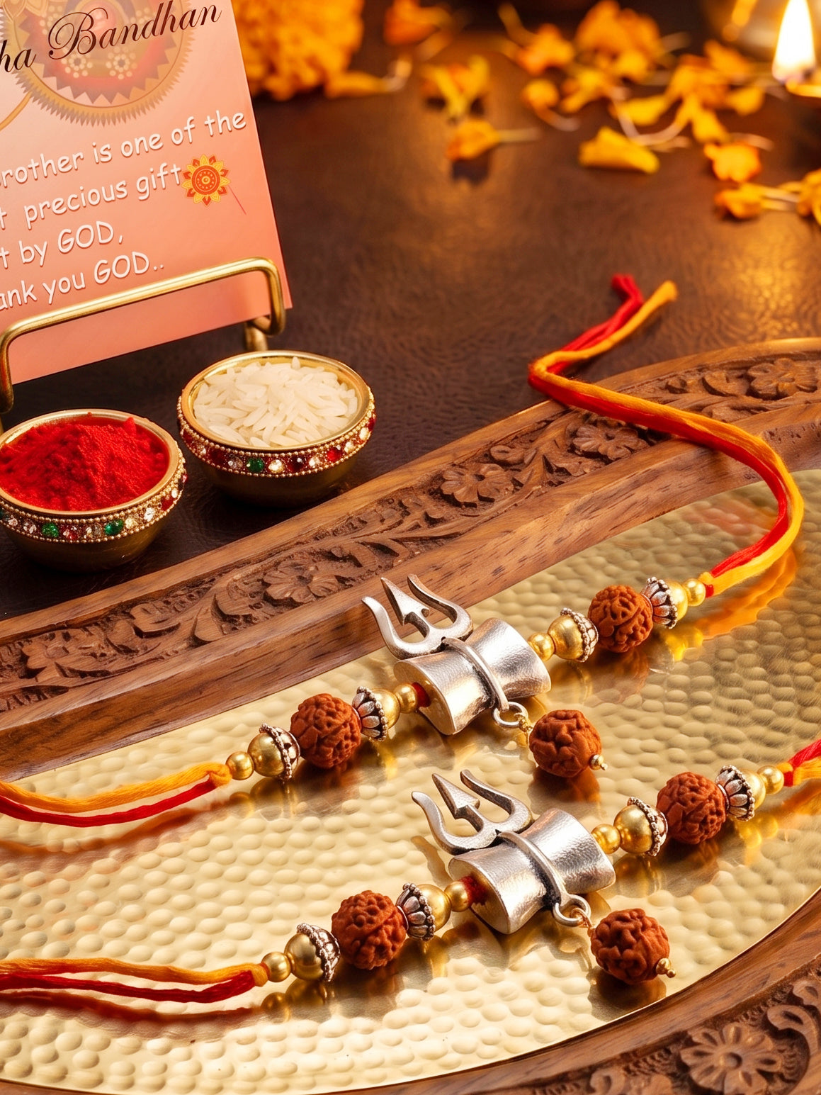 Set of 2 Small Trishul Damaru Pendant Rakhi for Brother with Rudraksha & Gold Beads, Roli Chawal (126-JPR1-1972-S-2-2026)