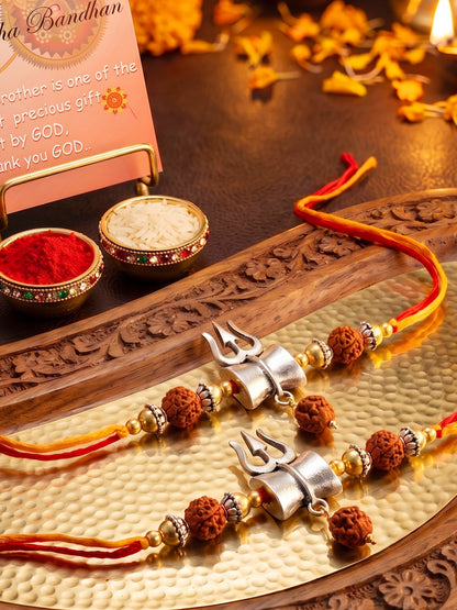 Set of 2 Small Trishul Damaru Pendant Rakhi for Brother with Rudraksha & Gold Beads, Roli Chawal (126-JPR1-1972-S-2-2026)