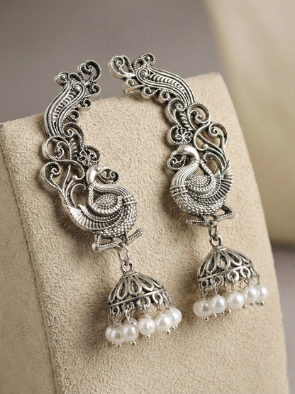 Oxidised Silver Peacock Design Ear Cuff Jhumka  White beads Earring For Girls & Women (159-KK2O-8158)