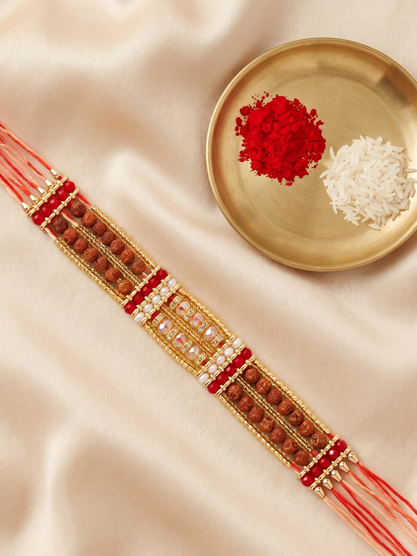 Designer Broad Bracelet Rakhi for Brother with Roli Chawal & Card | Multistrand Rudraksha Style Set (94-S7R1-EA3602)