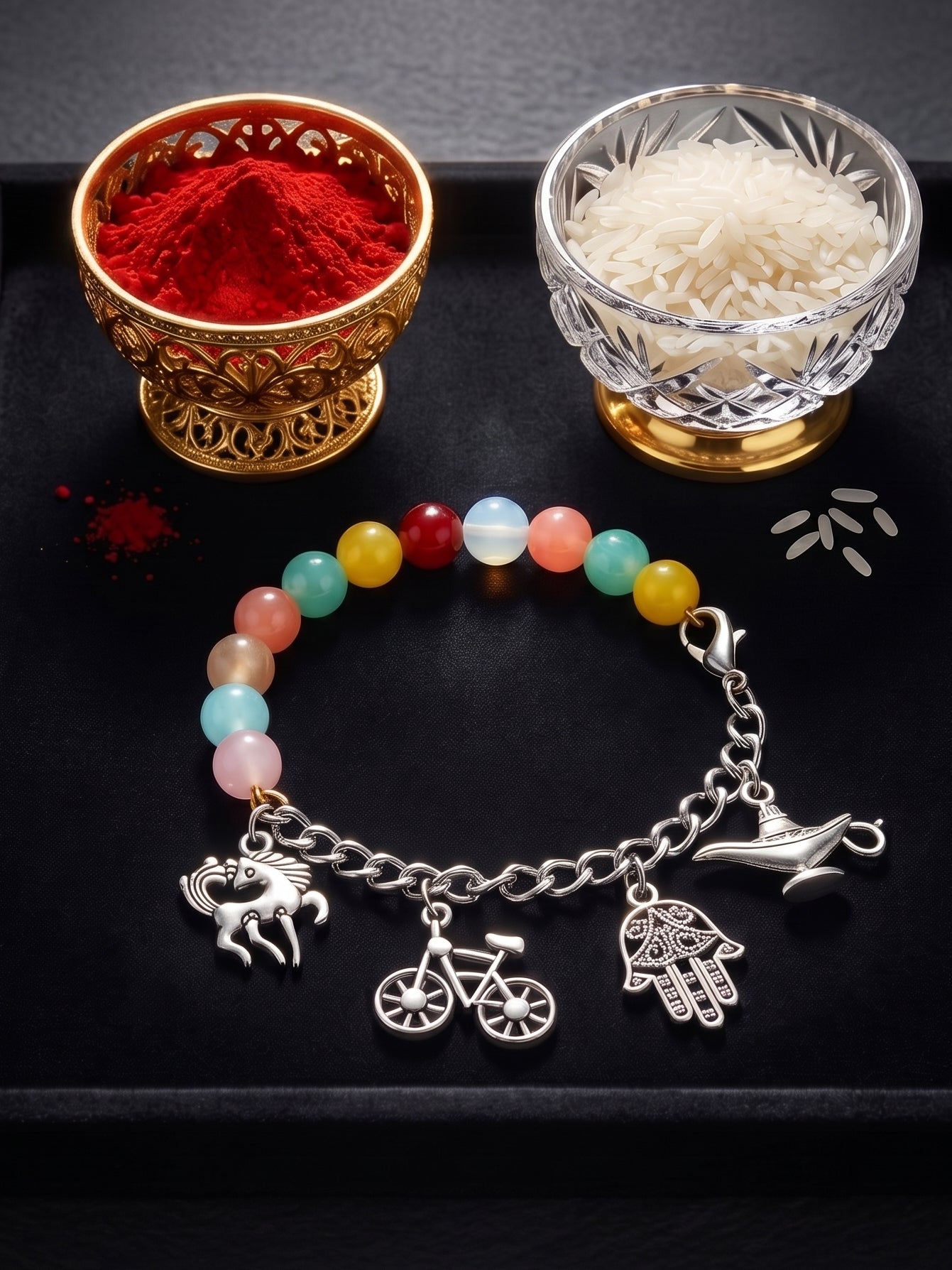 Bracelet Rakhi with Small Silver Charms, Multi & Pastel Beads, Roli Chawal & Card (158-N4B2O-1991-MT-2026)