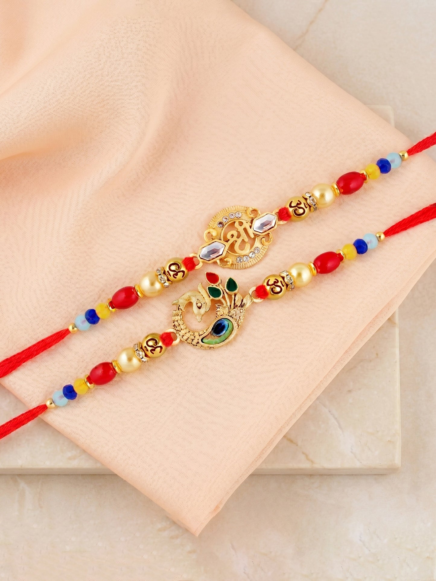 Lucky Jewellery Set of 5 Designer Rakhi for Brother | Golden Om, Ganesha & Peacock Beaded Threads | Premium Raksha Bandhan with Roli, Chawal & Greeting Card (360-S5R1-2305-5)
