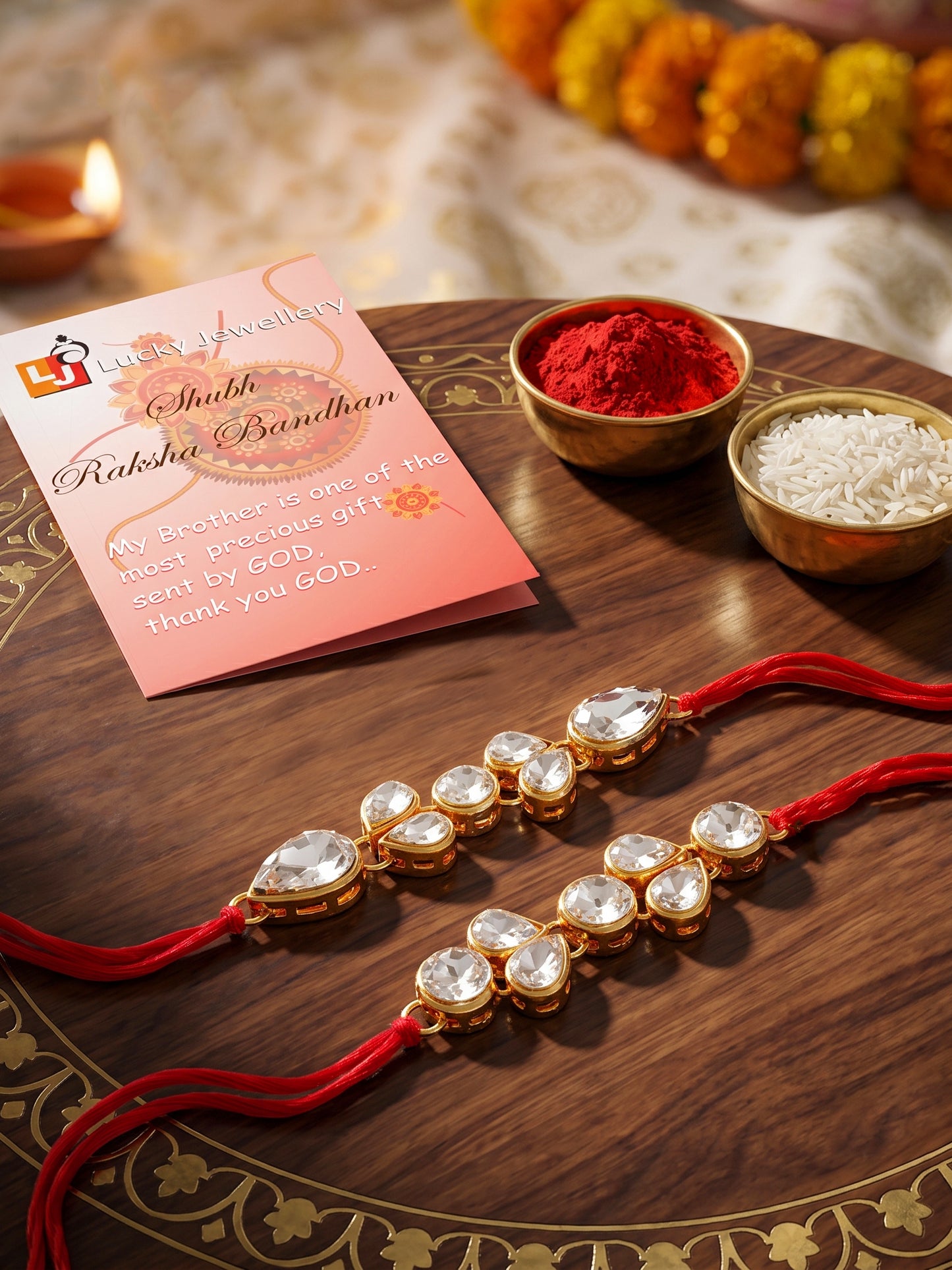 LUCKY JEWELLERY Traditional Rakhi for Brother/Bhaiya – Gold Plated Red Thread Rakshabandhan Rakhie White Stones for Bhai/Bhabhi (Pack of 2) – Fancy Rakhee Bracelet Rakshasutra (159-L1R1-07-W-2-2026)