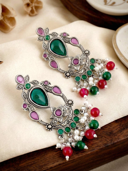LUCKY JEWELLERY Oxidised Silver Green Stone Chandelier Earrings with Magenta & Green Beads For Girls & Women | Antique Silver Earing Set | Birthday Gift Earrings Valentine Anniversary