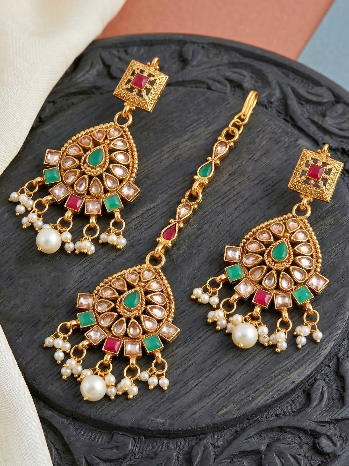 Lucky Jewellery Gold-Plated Ruby & Green Color Choker Necklace Set (866-G2SR-006-RG)