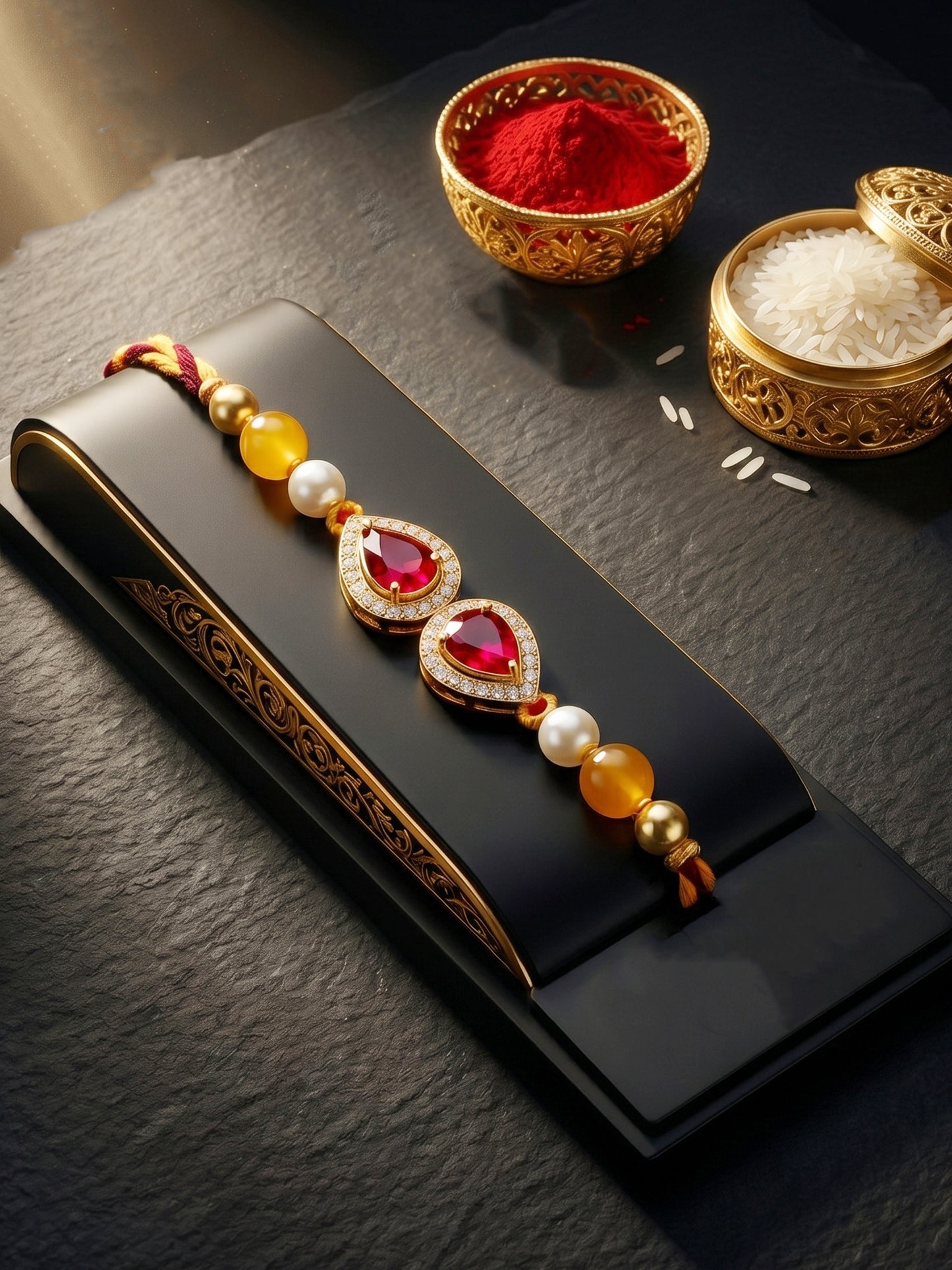 Rakhi for Brother with Maroon drop AD Pendant, White & Yellow Beads, Roli Chawal & Card (176-CHR1-1279-M-1-2026)