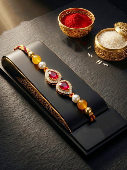 Rakhi for Brother with Maroon drop AD Pendant, White & Yellow Beads, Roli Chawal & Card (176-CHR1-1279-M-1-2026)