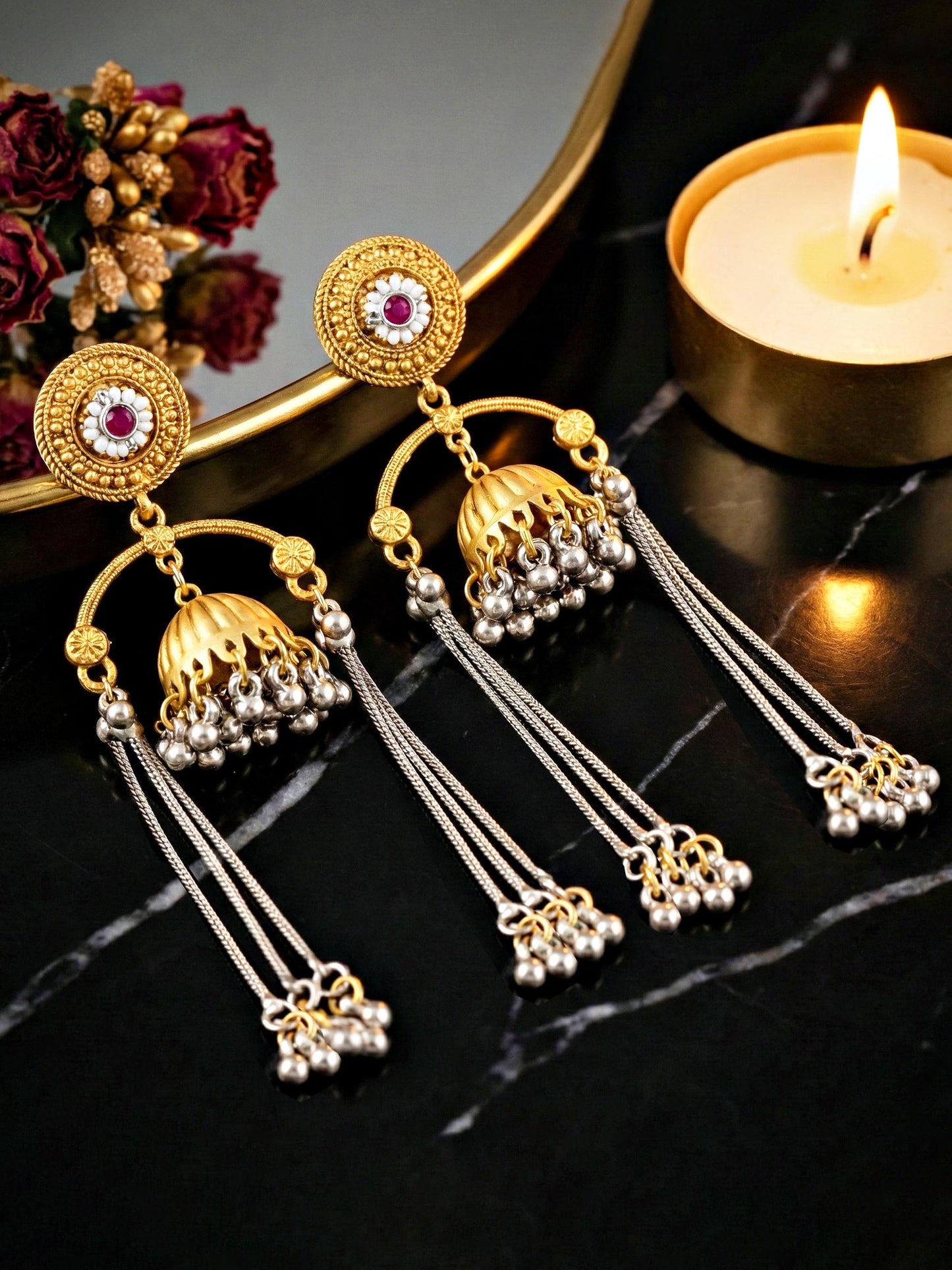 LUCKY JEWELLERY Antique Gold Finish Traditional Earrings with Long Chain Tassels Earrings For Girls & Women |Kashmiri Jhumka with Magenta Stone Earing Set |Birthday Gift Valentine Anniversary Gift