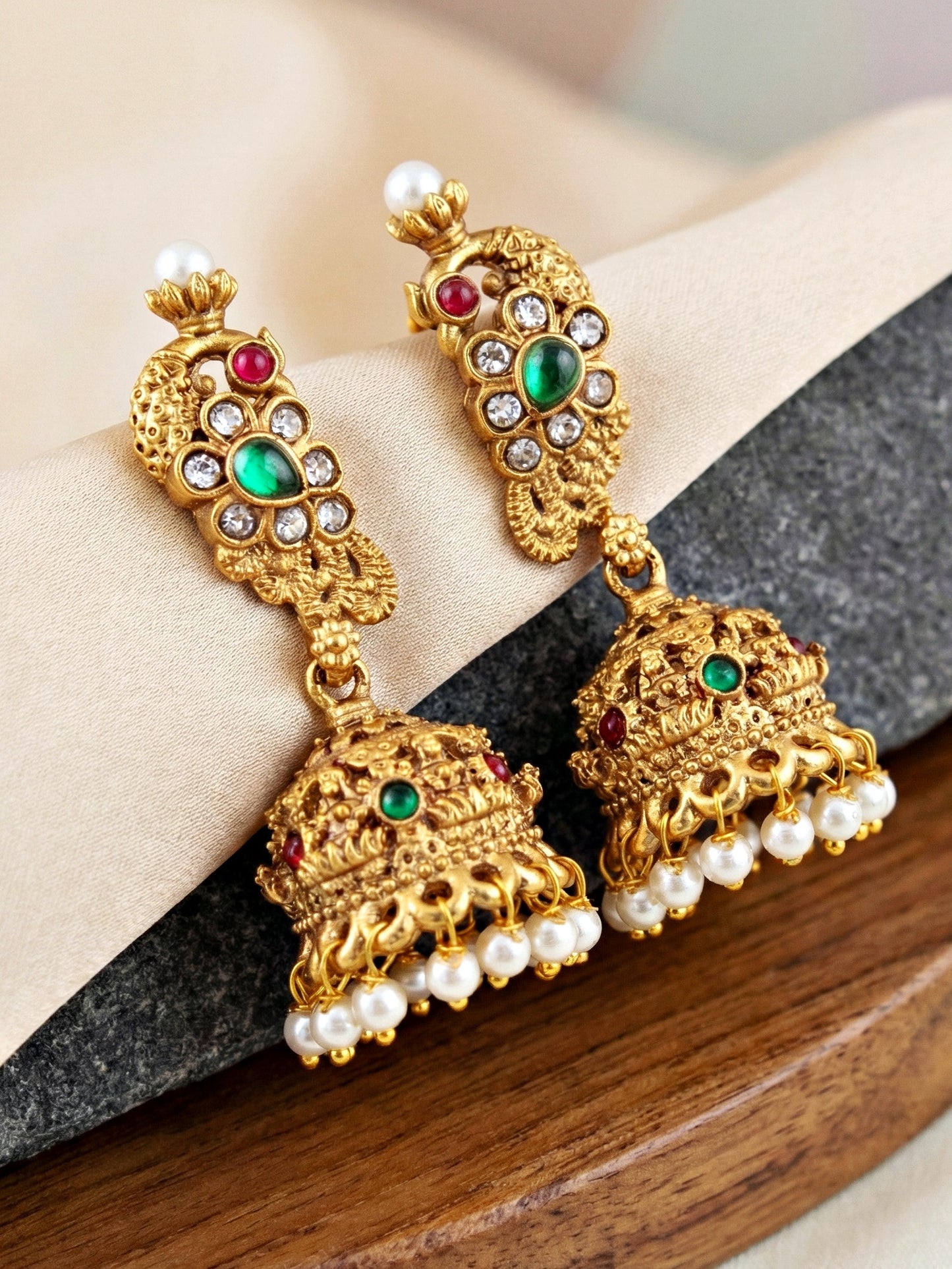 Traditional Gold-Tone Paisley Pendant Necklace Set with Dome Jhumka Earrings | Pink Enamel Meenakari Detailing & Green Stone Embellishments (689-ISR-2182-RG)