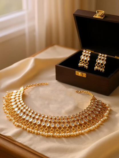 Gold Plated Beaded Choker Necklace Set with Earrings for Women and Girls