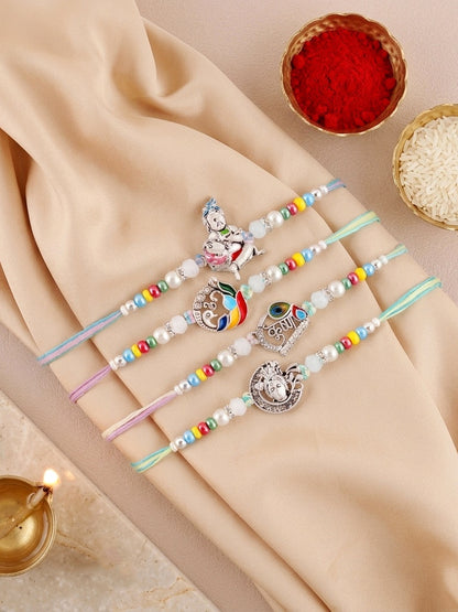 Lucky Jewellery Set of 4 Silver-Toned Bal Krishna & Peacock Rakhi for Brother | Designer Beaded Raksha Bandhan Threads with Roli, Chawal & Card (408-S5R1-2308-4)