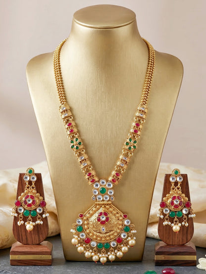 Lucky Jewellery Gold-Plated Ruby & Green Color Necklace Set (732-G2SR-191-RG)