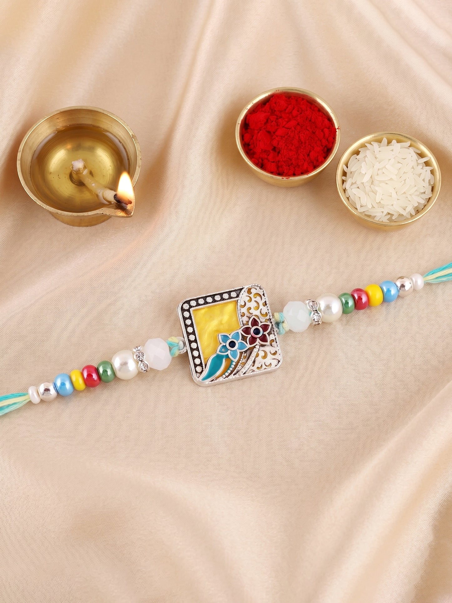 Traditional Meenakari Floral Rakhi For Brother | Silver-Finish Square Yellow Enamel Beaded Set Card (132-S5R1-AR2775)