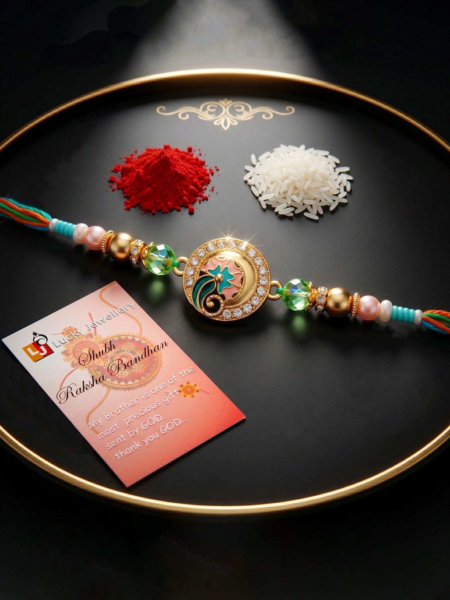 Designer Floral Enamel Multicolour Beaded Rakhi for Brother with Roli Chawal & Greeting Card (70-S7R1-EA2822)