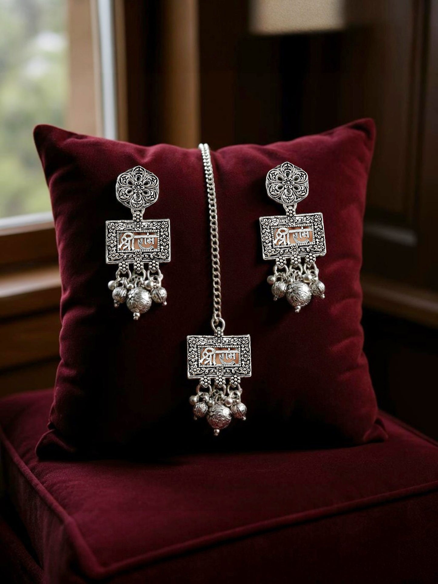 Oxidised Silver Plating Temple Jewellery Long Necklace Set for Women & Girls