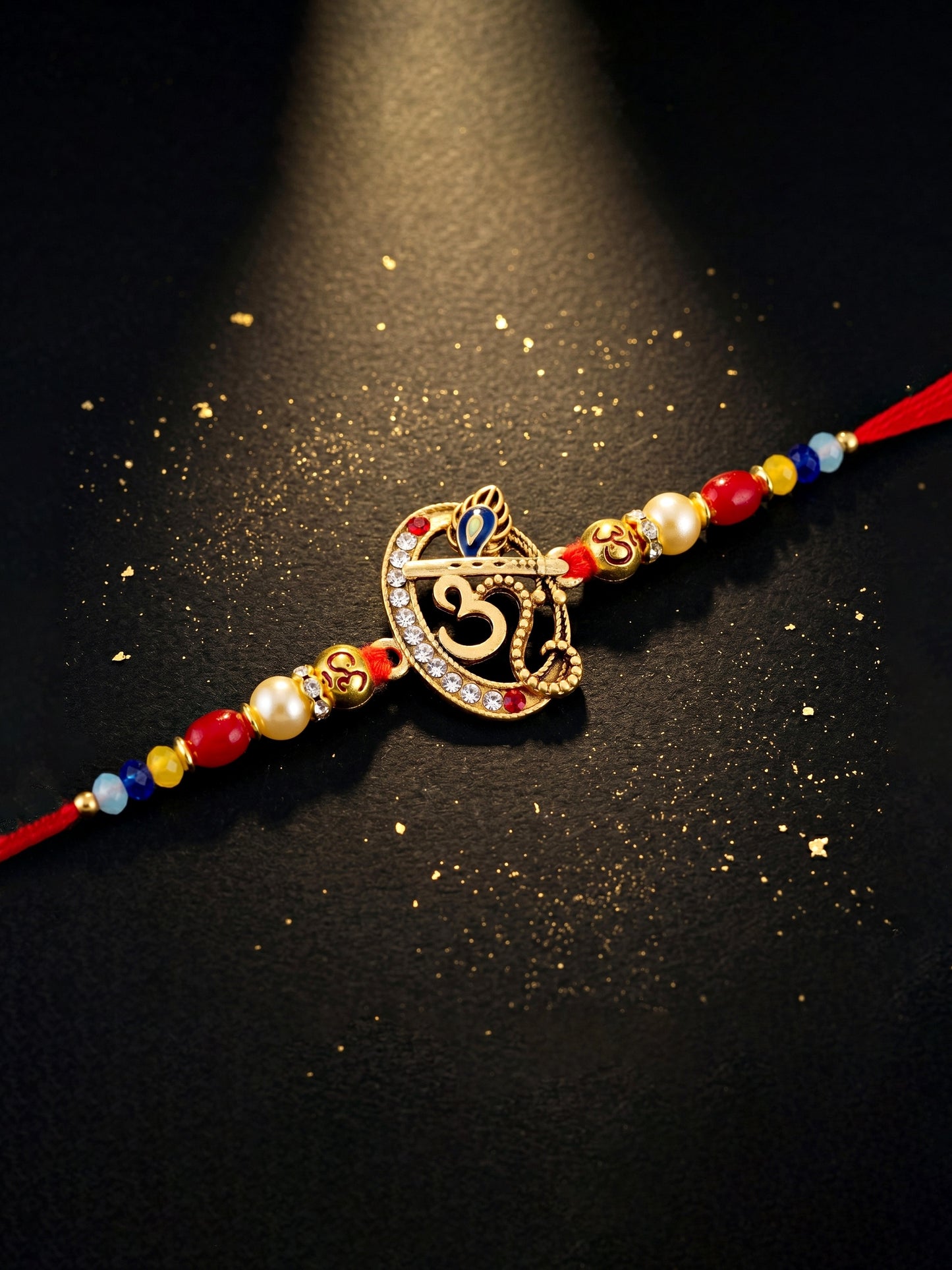 Spiritual Om Krishna Flute Peacock Beaded Rakhi Set For Brother | Roli Chawal & Cards (72-S5R1-AR2927)