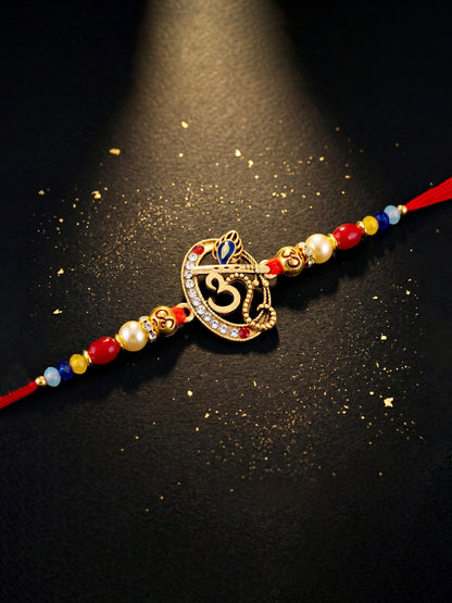 Spiritual Om Krishna Flute Peacock Beaded Rakhi Set For Brother | Roli Chawal & Cards (72-S5R1-AR2927)