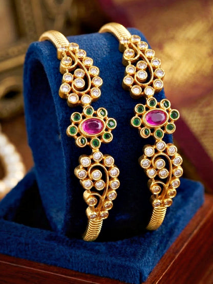 Gold-Plated AD Floral Pink & Green Stone Bangle (612-C1BG-2196-2)