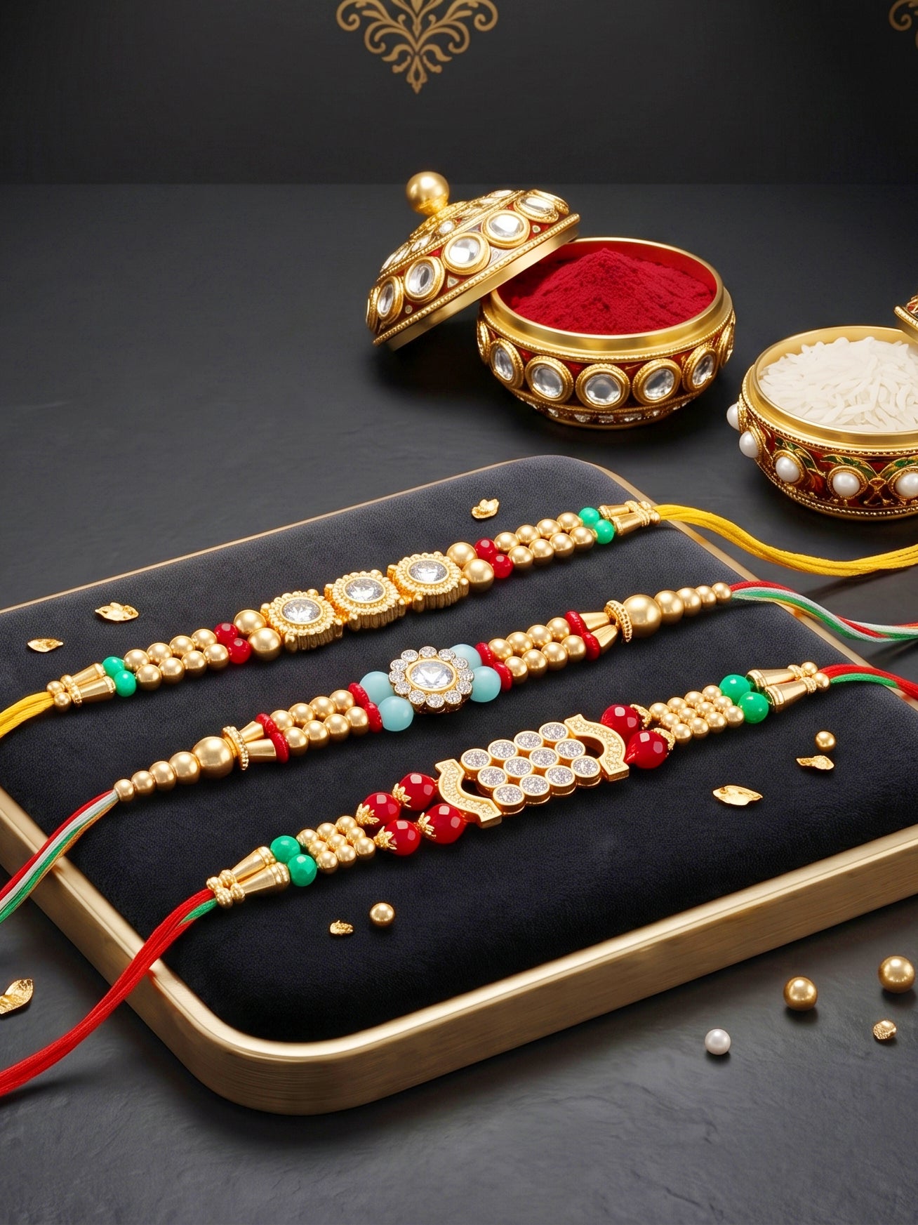 Lucky Jewellery Set of 3 Rakhi with Small Crystal Centerpieces, Gold-Tone & Colored Beads, Roli Chawal & Card (48-S7R1-2312-3)