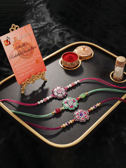 Set of 3 Floral Enamel Rakhi for Brother with Multi & Beads, Roli Chawal & Card (147-CHR1-1966-3-2026)
