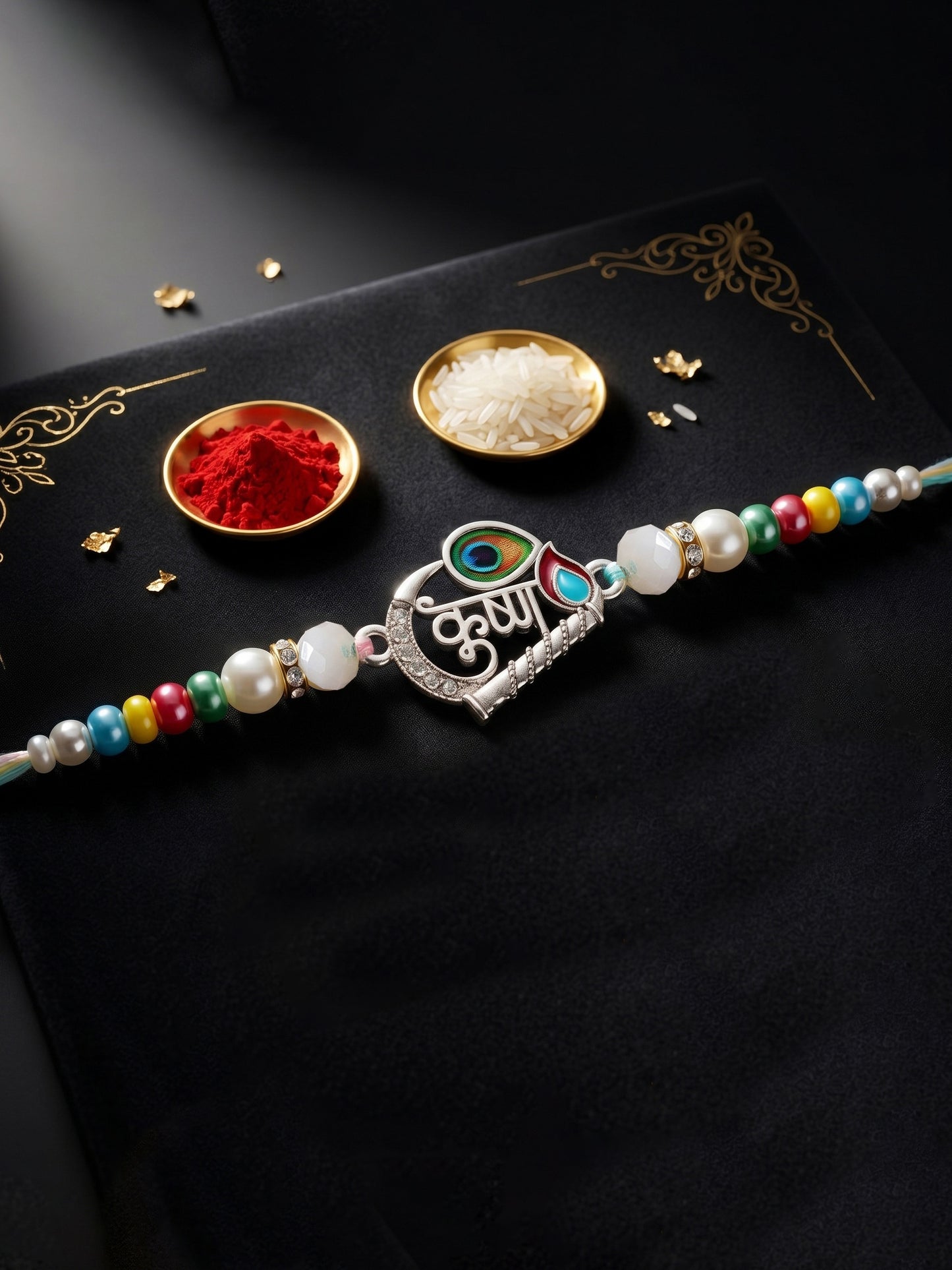 Spiritual Silver Krishna Bansuri Beaded Rakhi For Brother With Roli Chawal & Card (102-S5R1-AR2728)
