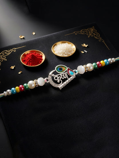 Spiritual Silver Krishna Bansuri Beaded Rakhi For Brother With Roli Chawal & Card (102-S5R1-AR2728)