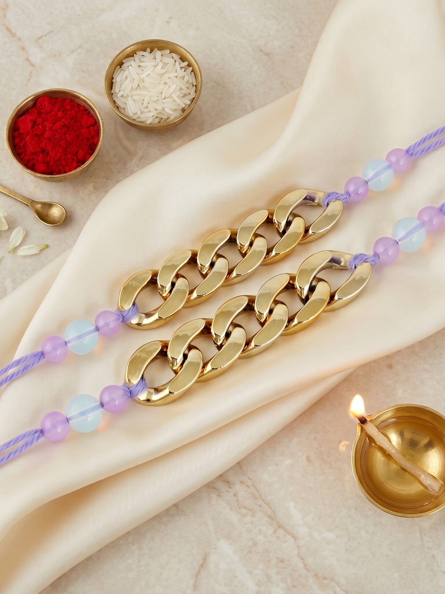 Set of 2 Modern Gold Chain Link Rakhi for Brother with Lavender Beads, Roli Chawal & Card (105-CHR1-1197-2-2026)