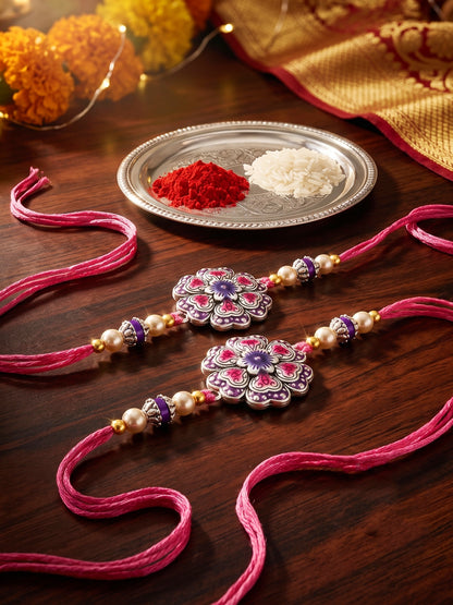 Set of 2 Magenta Floral Rakhi for Brother with Purple Accents, Beads, Roli Chawal & Card (108-CHR1-1966-P-S-2-2026)