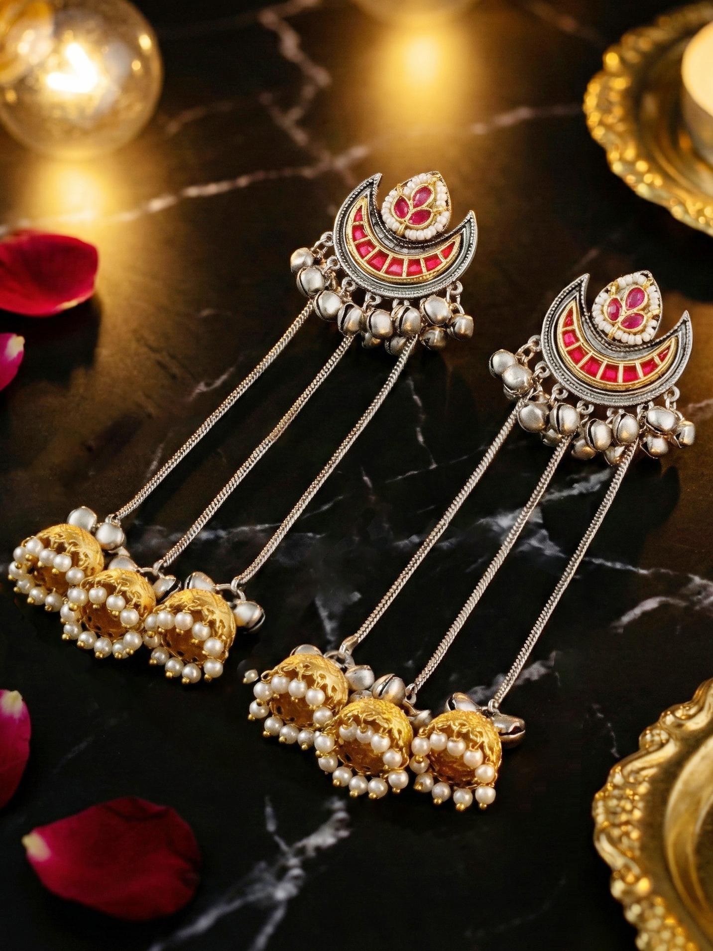 LUCKY JEWELLERY Oxidized Silver Kashmiri Earrings with Magenta Stone, Triple Chain Layer & Triple Gold Jhumka |Black Metal Chandbali Style Earring Set for Girls & Women | Wedding, Festival & Gift Wear