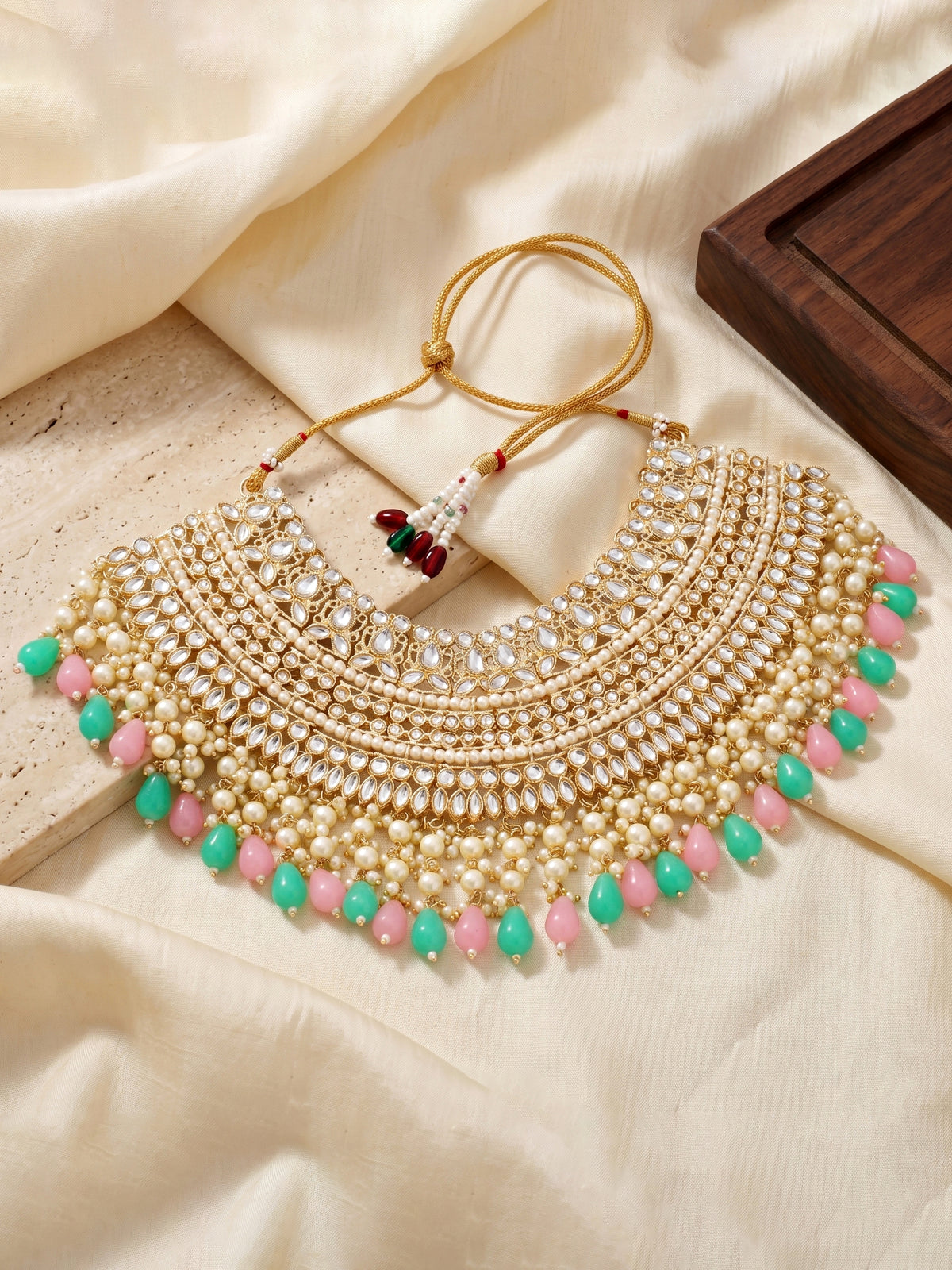 Gold Plated Kundan & Pearl Pink Mint Stone Bridal Choker Jewellery Set with Maang Tikka (1683-ISK-855-PKMNT)