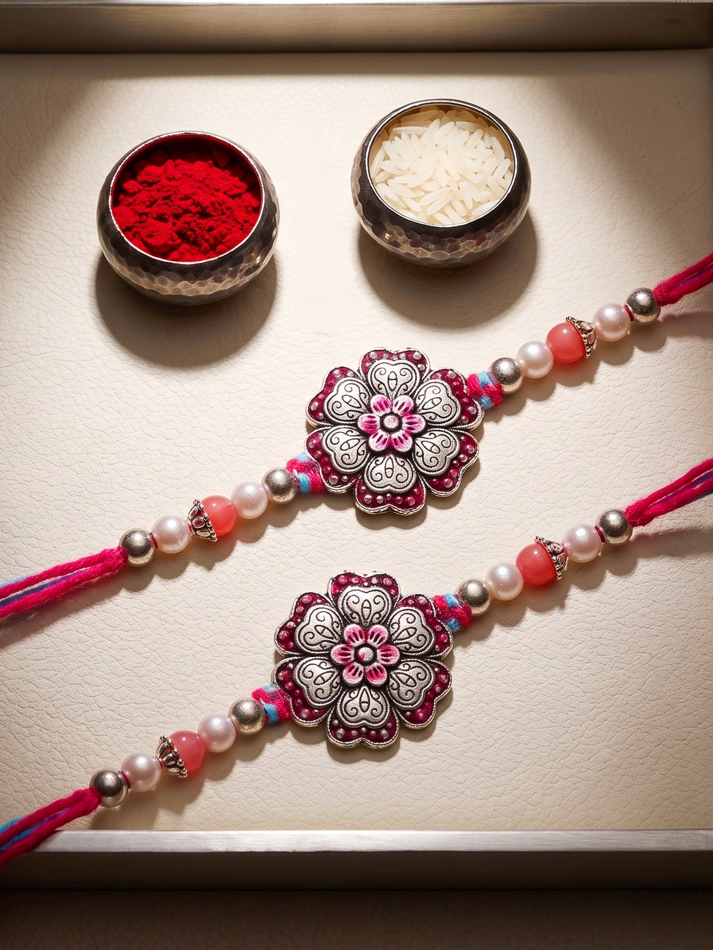 Set of 2 Magenta Floral Rakhi for Brother with pink Accents, Beads, Roli Chawal & Card (108-CHR1-1966-R-S-2-2026)