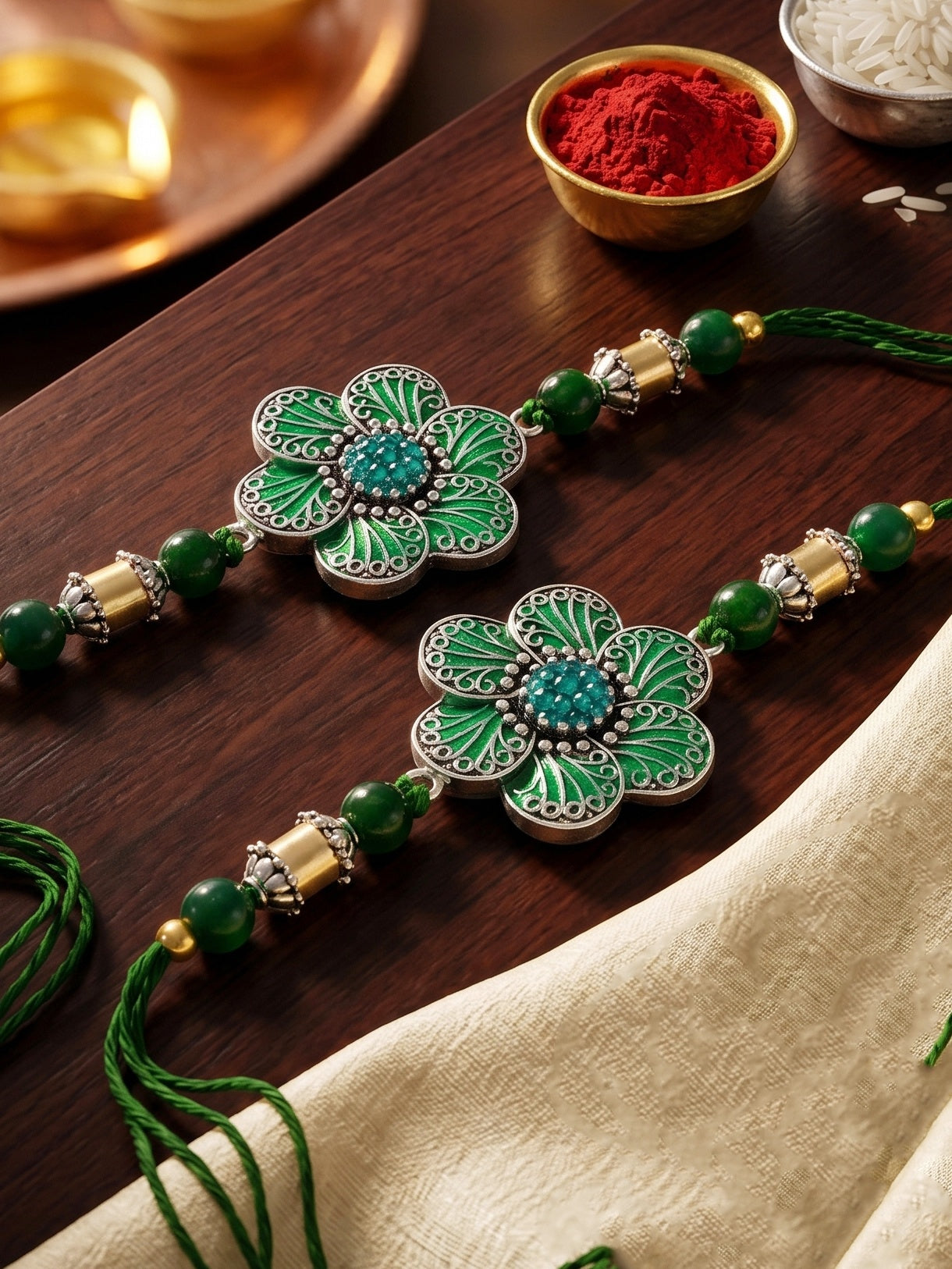Set of 2 Green Floral Rakhi for Brother with Beads, Gold Accents, Roli & Chawal & Card (106-CHR1-1967-G-S-2-2026)