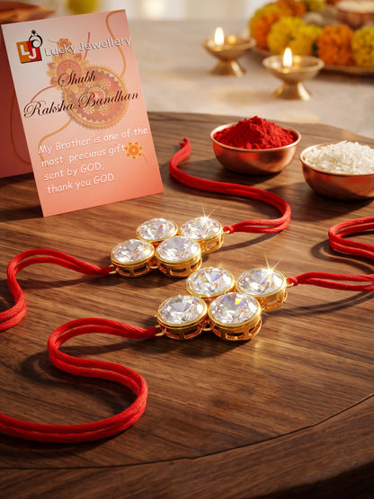 LUCKY JEWELLERY Traditional Rakhi for Brother/Bhaiya – Gold Plated Red Thread Rakshabandhan Rakhie White Stones for Bhai/Bhabhi (Pack of 2) – Fancy Rakhee Bracelet Rakshasutra (198-L1R1-19-W-2-2026)